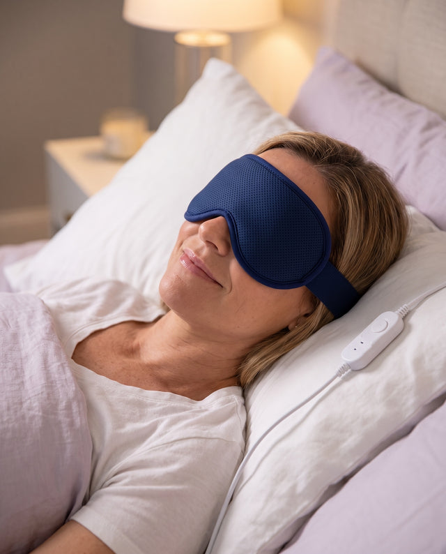 Person resting with the DryRelief heated eye mask on
