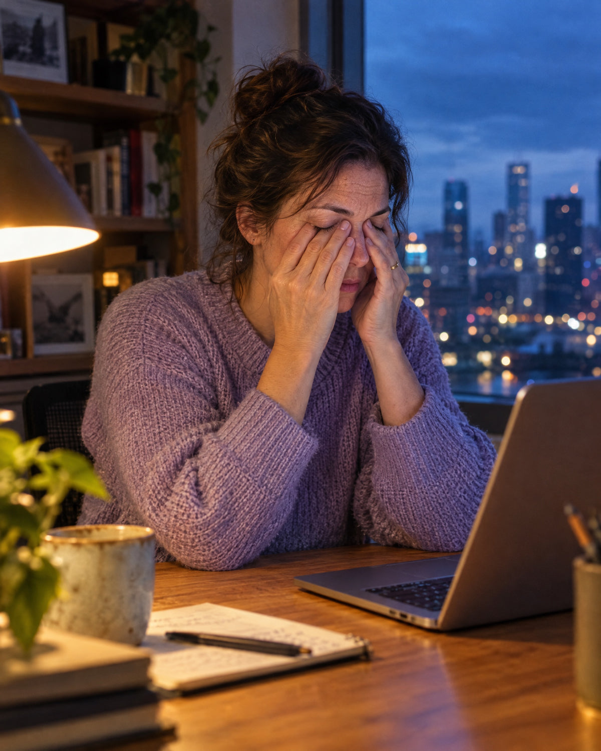 Woman rubbing tired eyes at a laptop in the evening